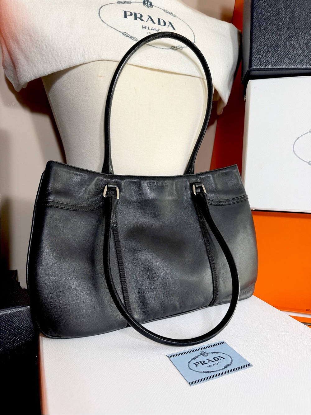 Prada🌟Black Smooth Leather and silver hardware Shoulder Bag! Offers welcome! - Picture 5 of 16